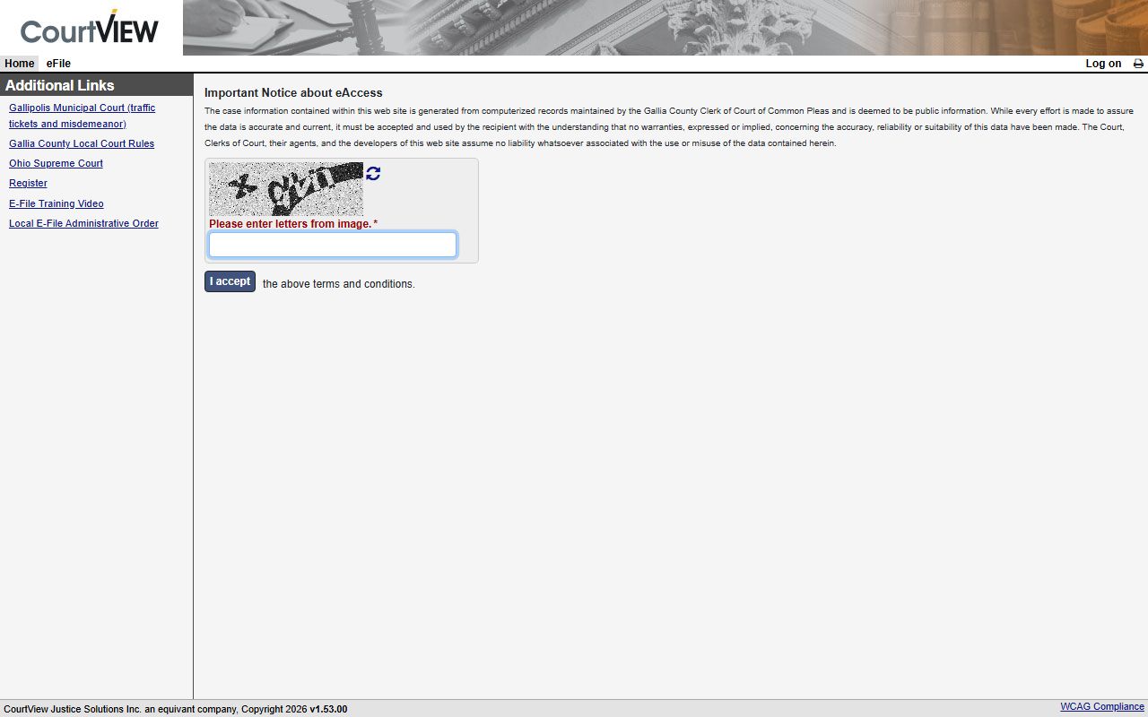 Gallia County Common Pleas eAccess case search portal