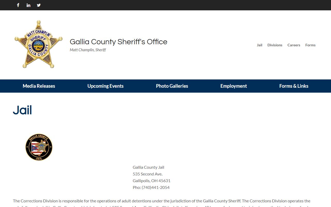 Gallia County Jail official jail page with inmate visitation and roster information