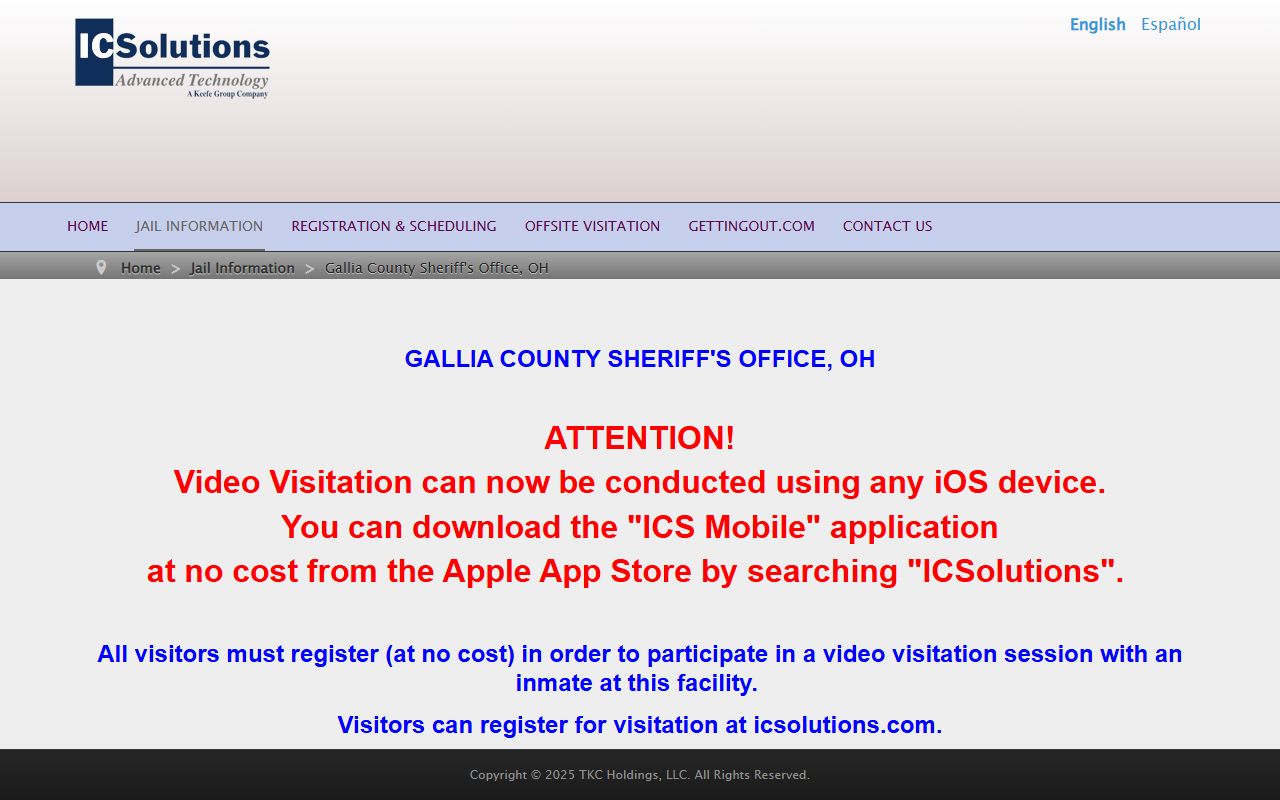 ICSolutions video visitation page for Gallia County Jail