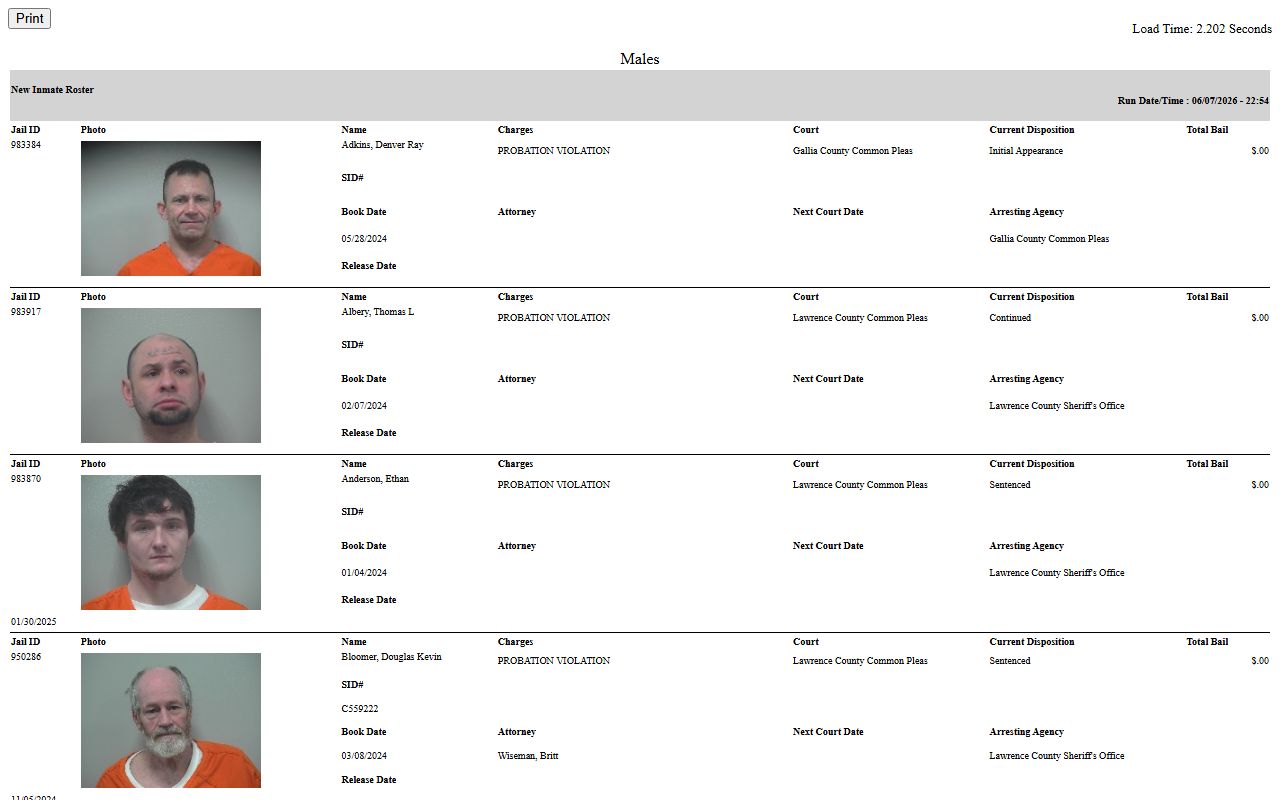 Gallia County inmate population current roster fields and count table