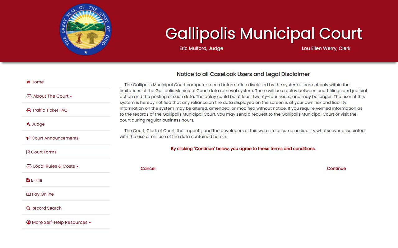 Gallipolis Municipal Court CaseLook disclaimer before record search