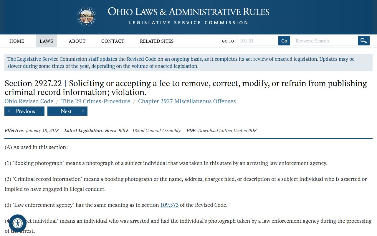 Ohio Revised Code booking-photo statute page