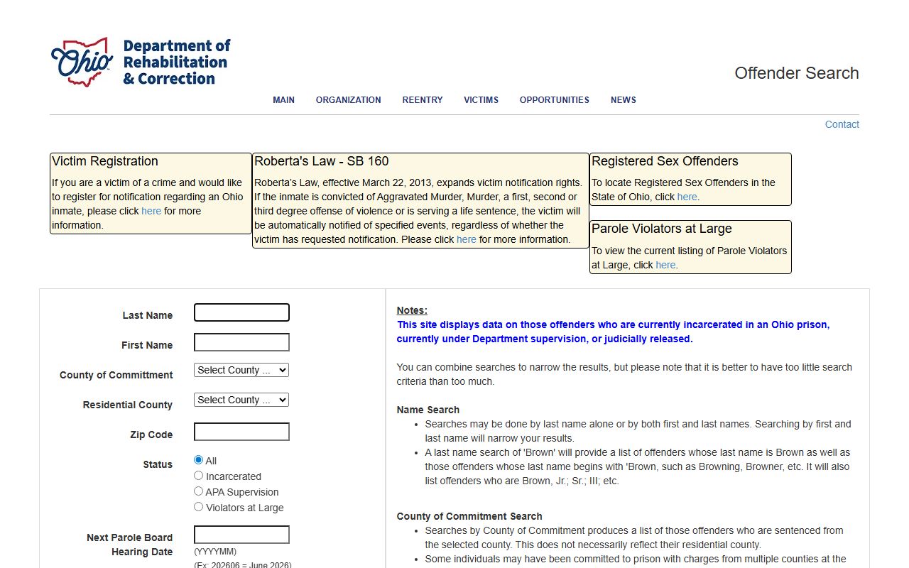 Ohio ODRC inmate locator fields for Gallia County sentenced prisoners